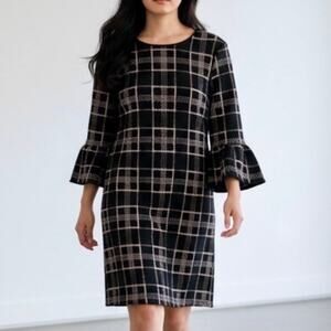 Wallis Shift Dress Size US 16 Black Plaid Bell 3/4 Sleeves Classic Business